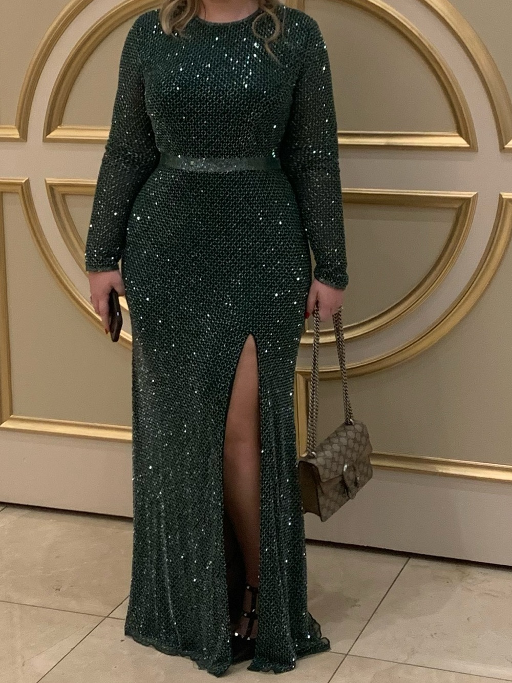 Mac Duggal Green Sequin Long-Sleeve Maxi Gown with Thigh Slit
